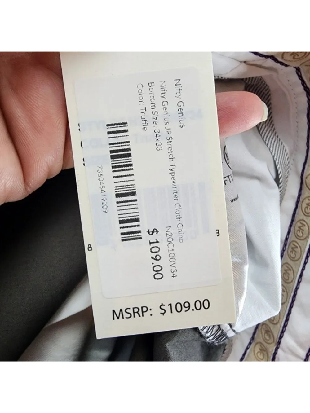 Nifty Genius Pants Mens 34x34 Truffle Brown Stretch Mid Rise Chino *NWT*